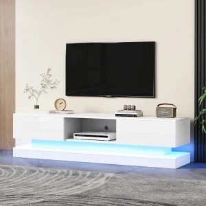 Frontal high-gloss TV stand with 16 RGB LEDs, 2 drawers, and 1 open storage space for 70-79-inch TV stand in living room