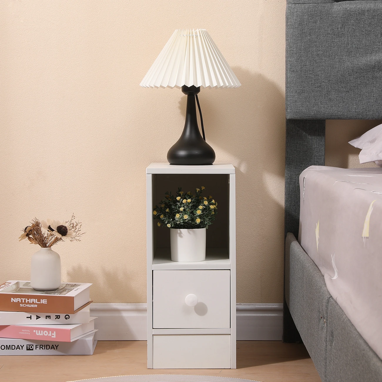 BonChoice Slim Tall Bedside Table Cabinet with Drawer & Storage Space for Bedroom, Narrow Sofa Side Table End Table - Image 4