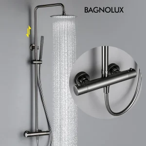 Thermostatic Shower Faucet Rain Head 8 - 16 Inches Gunmetal Bathroom Shower Set Adjustable Height Shower Arm /Rain Sky Support