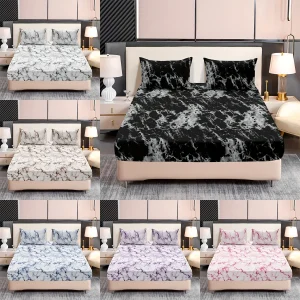 3-Piece Marble Print Fitted Sheet Set - Ultra Soft, Breathable Microfiber Fabric, Hypoallergenic, Wrinkle-Resistant, Easy Care -