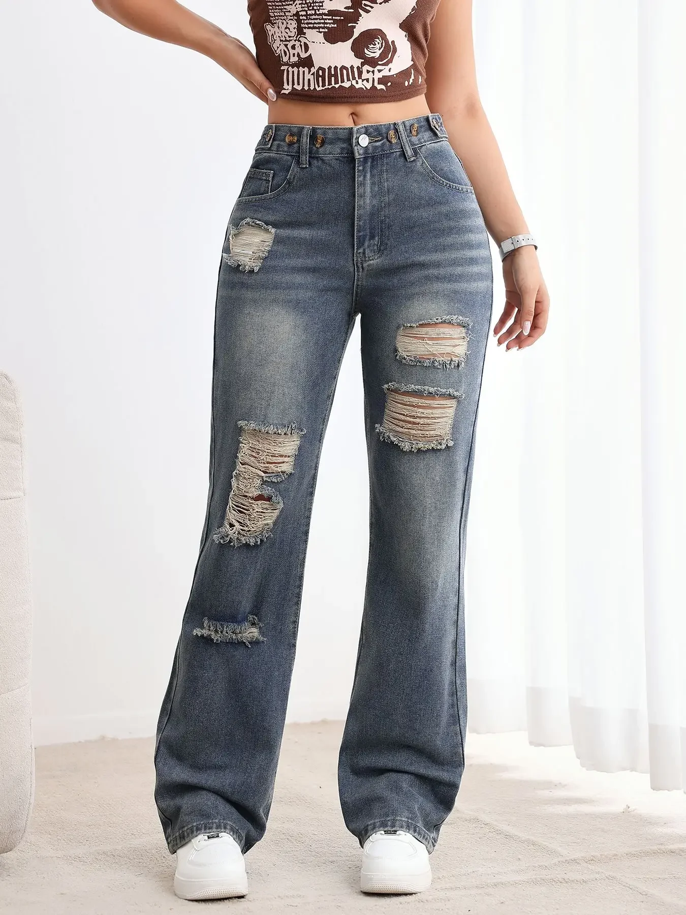 Baggy Jeans Womens Jeans Flared Jeans High Rise Ripped Denim Vintage Retro Style Loose Fit Comfort Stretch Fabric - Image 2