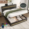 PINGGO 4ft6 Double Upholstered Bed Frame Hydraulic Storage PU Ottoman Bed with LED Lighting and Charging Station(No Mattress)