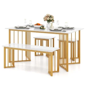 GOFLAME 4 Piece Dining Table Set Rectangular Kitchen Table with Bench & 2 Stools