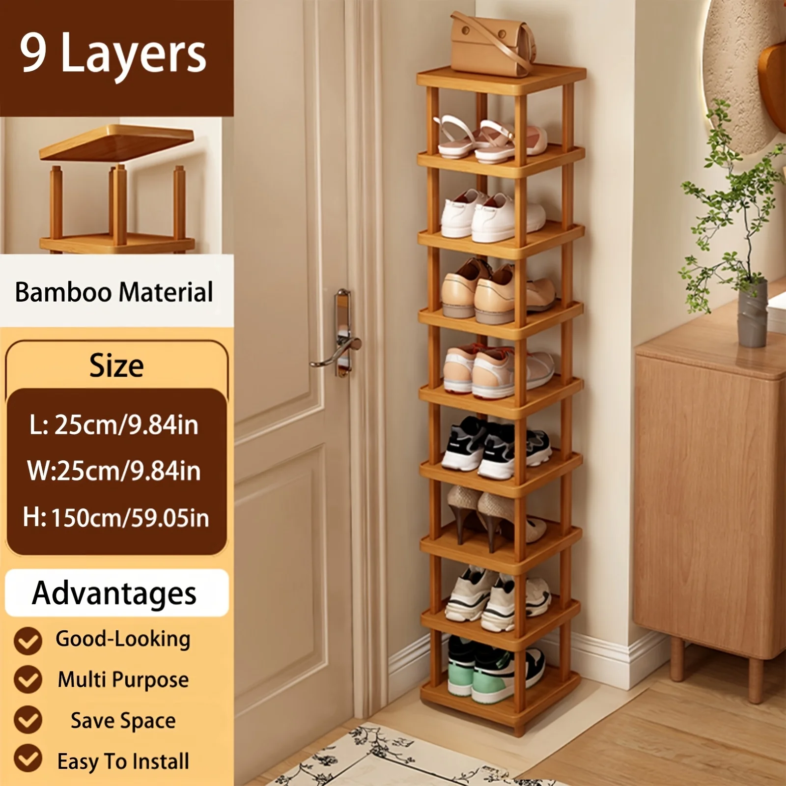 6 and 9 Pair Bamboo Shoe Rack, Heavy-Duty & Space-Saving. Easy Assembly for Entryway, Dorm, Office. Modern Brown Shelf. - Image 6