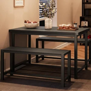 Dining Table Set for 4, Kitchen Table with Benches, Rectangular Dining Room Table Set with 2 Metal Wood Benches, 3 Piece Dining