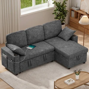 Sofa Bed,3 Seater L-Shaped Sofa Bed,3 in 1 Sectional Couch with USB & Type-C Ports and 2 Cup Holders,Convertible Corner Couch