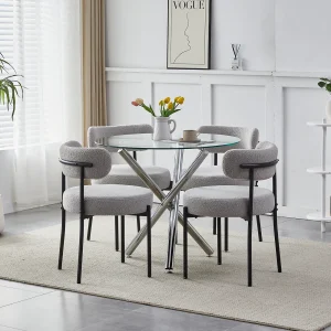 BonChoice Modern Round Glass Dining Table and Chairs Set 4, 5 Piece Round Dining Room Table Set, Glass Table with Chairs