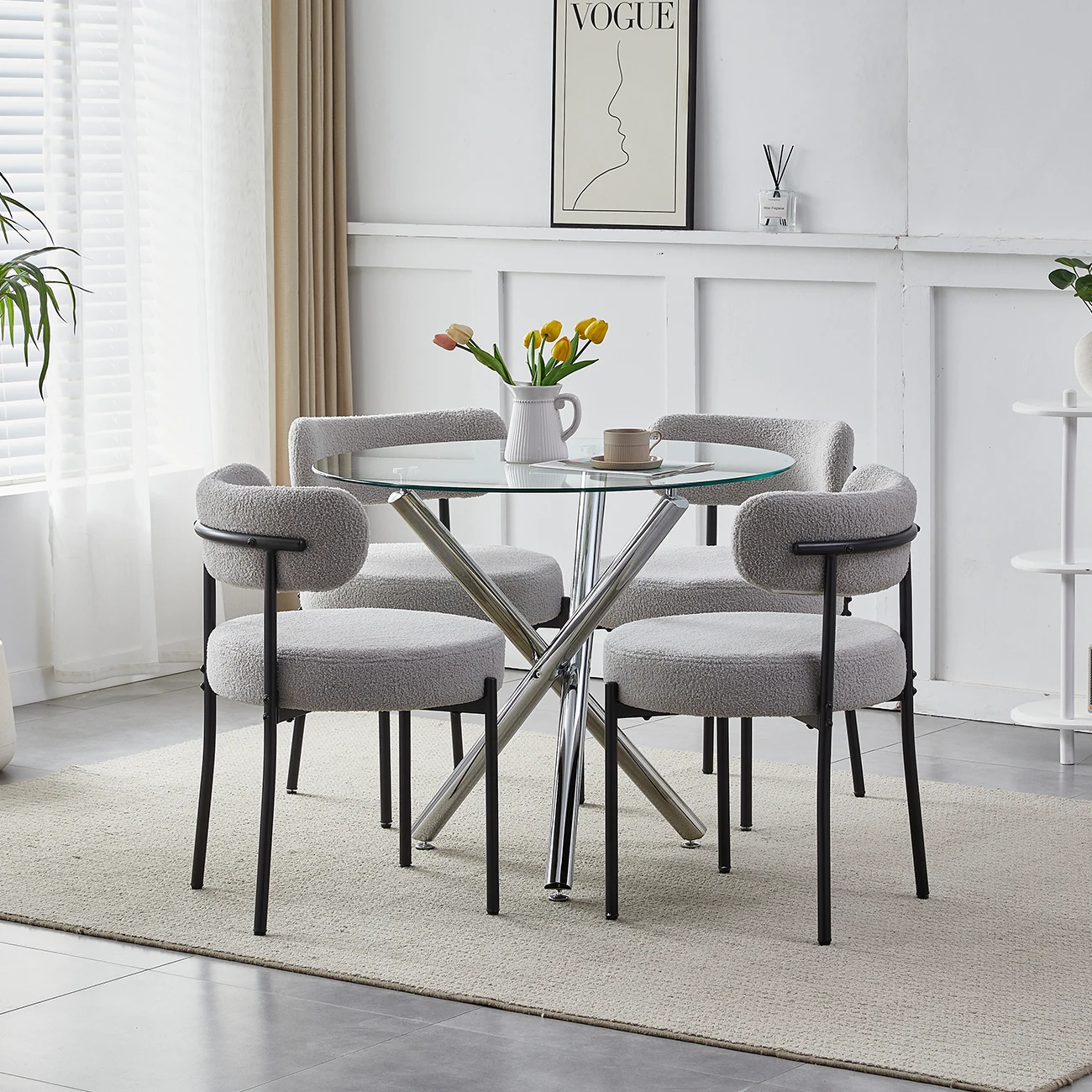 BonChoice Modern Round Glass Dining Table and Chairs Set 4, 5 Piece Round Dining Room Table Set, Glass Table with Chairs