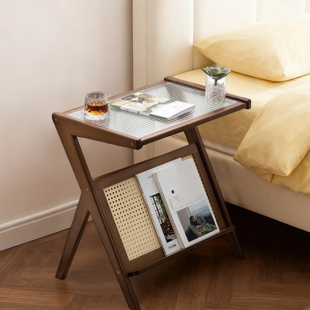 Compact Acrylic-Top Rattan Nightstand Bamboo Storage Shelves Boho Bedroom/Living Room Coffee Table Set - Image 6