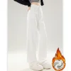 Winter Female Korean High Waist Plush Thermal Jeans Girls Snow Warm White Straight Leg Pants Lady Classic Fleece Denim Trousers