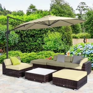 6 PC Rattan Sofa Coffee Table Set Sectional Wicker Weave Furniture for Garden Outdoor Conservatory w/ Pillow Cushion Brown
