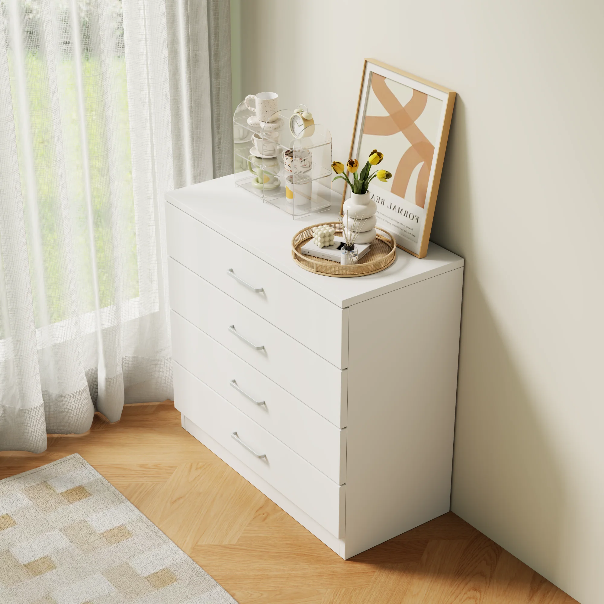 4-Drawer Chest of Drawers with Metal Handles-Heavy-Duty Hardwood&HDF Construction,Spacious Storage Cabinet with Flat Panel Doors - Image 5