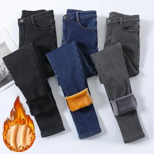 Winter Lady Thermal Warm Jeans Plush Skinny Stretch Jeans Lady Slim Fit Pencil Pants Girls Straight Leg Denim Trousers