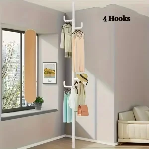 Clothes Rail, Household Use Upright Coat Hanger, Vertical Storage Rack Height Adjustable with Hanging Rails for Bedroom, White