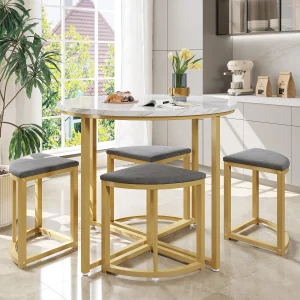 PINGGO Modern Metal Frame Round Dining Table And Chair Set (5 Pieces) With 4 Semi-Circular Stools Suitable For Small Apartments
