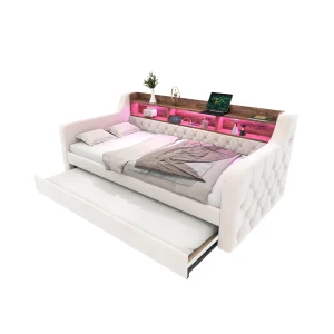 PINGGO Space-Saving Sofa Bed 90x190cm (Mattress Not Included) In Velvet With Storage 12 Slatted Frames & Sturdy Metal-Wood Frame