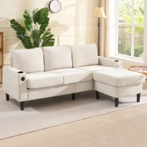 L-Shaped Couch Sofa, Corner Sofa 3 Seater Sofa, Sectional Sofa Couches With USB, Cup Holder, For Apartment Living Room (Beige)