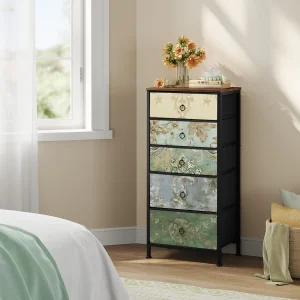 WOLTU Fabric Chest of Drawers with 5 Drawers Storage Organizer Sideboard Vintage Narrow Drawer Cabinet for Kitchen Hallway Home