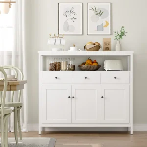Getone White Sideboard Buffet Kitchen Storage Cabinet, Living Room Sideboard with 3 Drawers Doors 108x38x98.5 cm