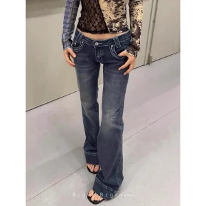 YIBASHU Women's Low Rise Skinny Jeans Japanese Denim Pants Y2k American Retro Bell Bottom Jeans Harajuku 2000s Korean Fashion