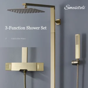 Solid Brass Bathroom Shower Faucet System Rainfall Shower Head Wall-Mounted Dual Knob Handle Bathtub Shower Mixer Tap with Hand