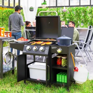 Outsunny 3+1 Burner Gas BBQ Grill with Storage Cabinet and Shelves, 9.5 kW Gas Barbecue Trolley with 6 Castor Wheels
