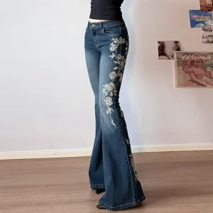 2026 Y2K Women Flare Pants Jeans Embroidery Denim Trousers Boot Cut Low Waist Washed Distressed Pockets Floor Length Streetwear