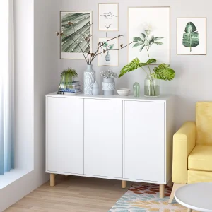 Getone White Sideboard, Kitchen Sideboard Storage Cabinet, Wooden Cupboard with 3 Doors 107x40x80cm