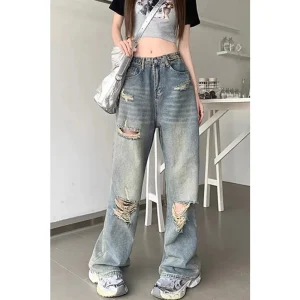 Adjustable Waist Vintage High Waist Wide Leg Jeans Women's Spring Summer Long Pants Straight Cut Trousers Casual Denim Skinnies