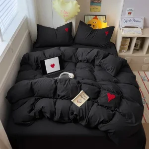 Washed Cotton Bedding Set Super Soft Cool Black Duvet Cover Set Heart-shaped Towel Bedding Skin Friendly Duvet Covers Bed Sheets