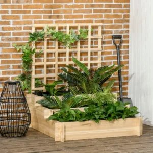 Outsunny 3 Tier Garden Planters with Trellis for Vine Climbing, Wooden Raised Beds, 95x95x110cm, Natural Tone ﻿