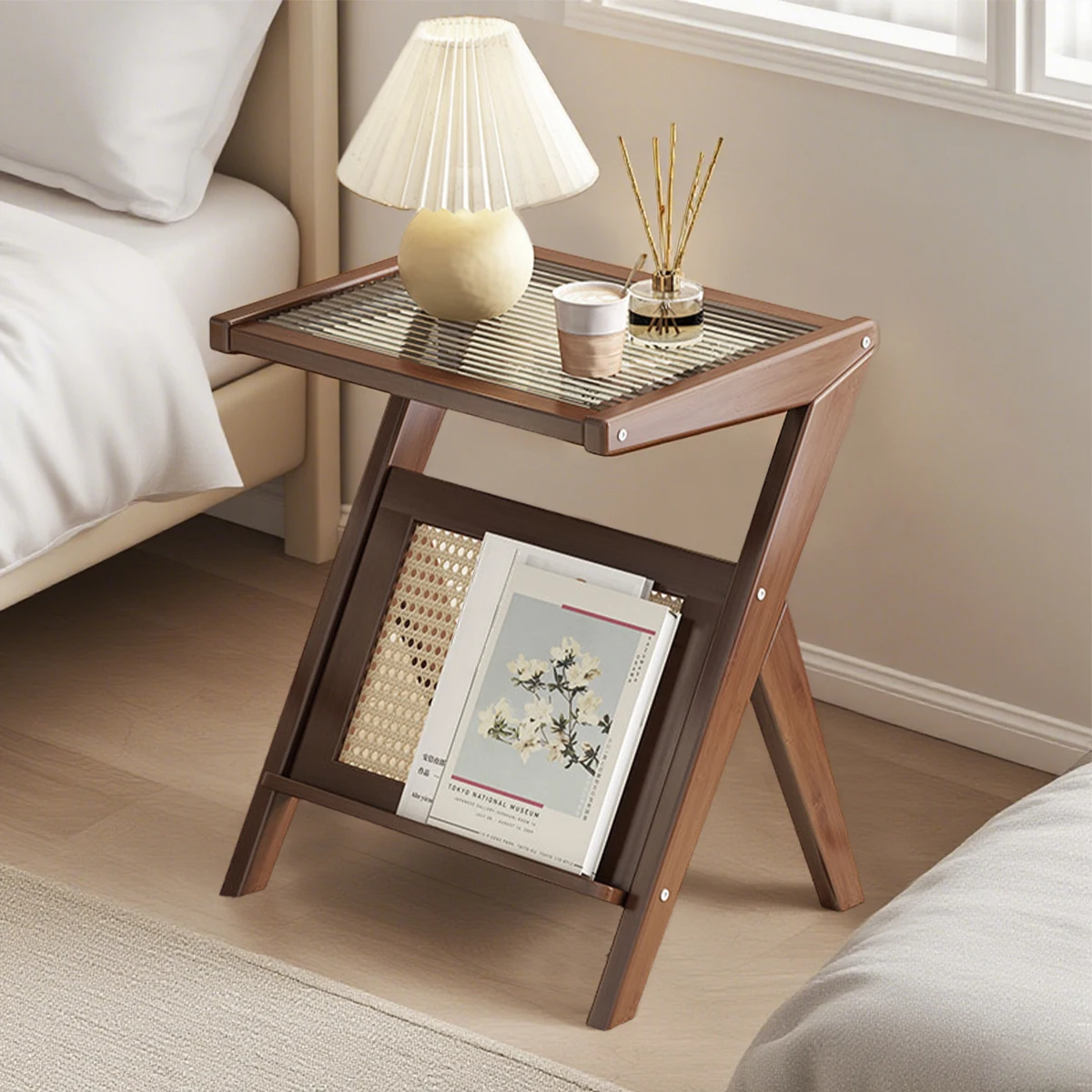 Compact Acrylic-Top Rattan Nightstand Bamboo Storage Shelves Boho Bedroom/Living Room Coffee Table Set