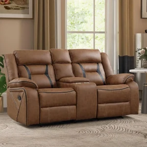 Faux Leather Manual Loveseat Recliner 2 Seat Reclining Sofa Chair With Center Console Hidden Storage And Cup Holders Lazy Sofa