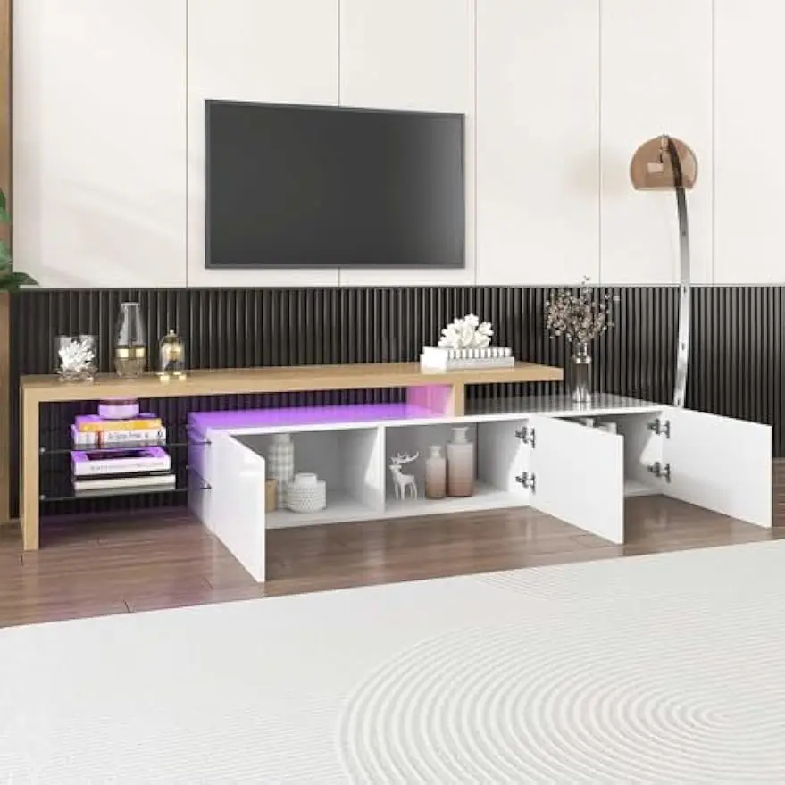 Modern TV Cabinet Design Stylish and Elegant Practical Storage High-gloss Wooden Look Glass Shelves LED Lighting (White) - Image 3