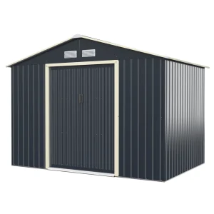 GOFLAME Outdoor Metal Storage Shed,277 x 191 x 202 cm, Steel Garden Tool Shed W/ 4 Vents & Double Sliding Door