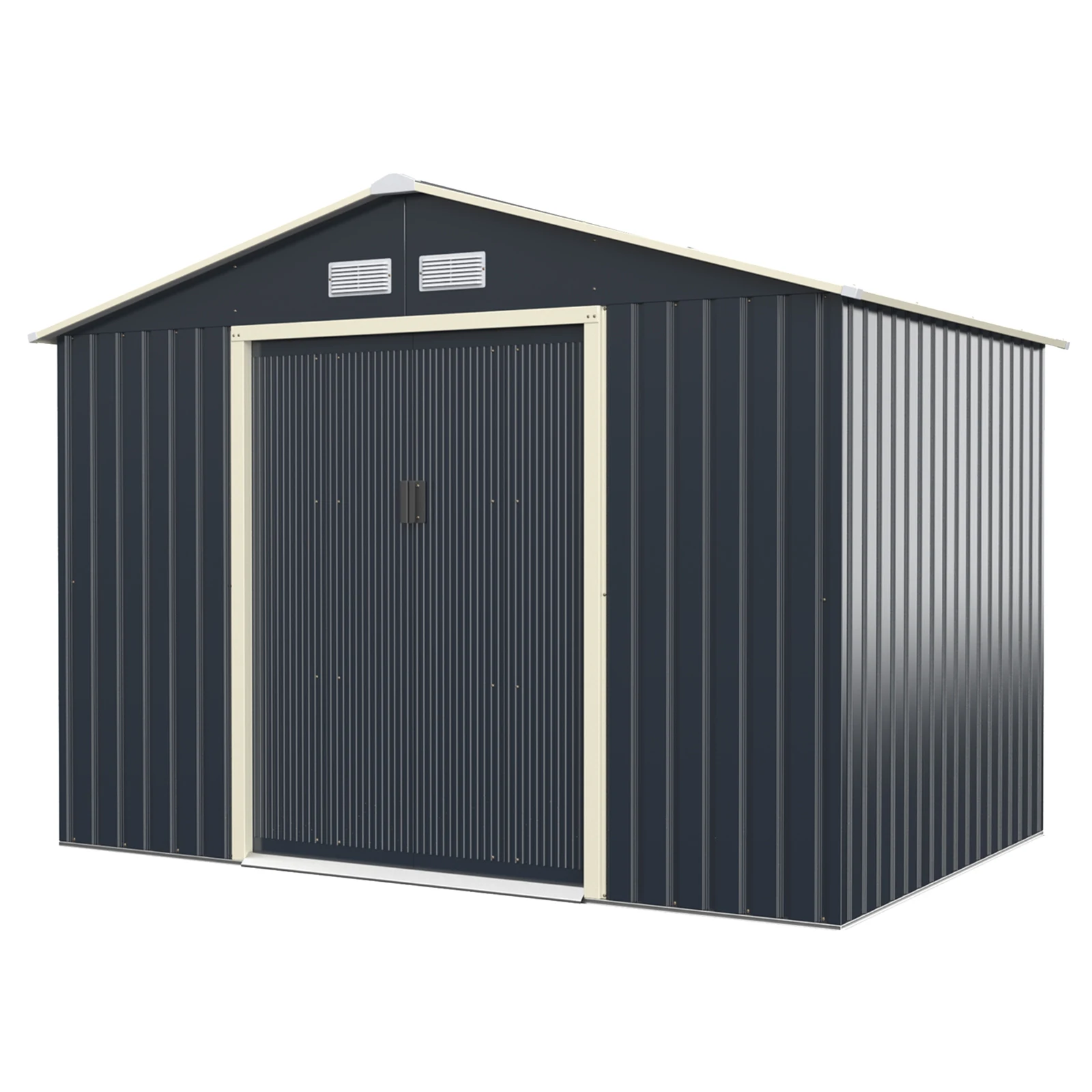 GOFLAME Outdoor Metal Storage Shed,277 x 191 x 202 cm, Steel Garden Tool Shed W/ 4 Vents & Double Sliding Door