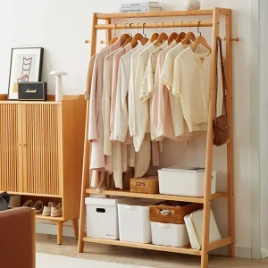 Bamboo Clothes Rail Stand Garment Rack Heavy Duty with 3 Tier Storage Shelves