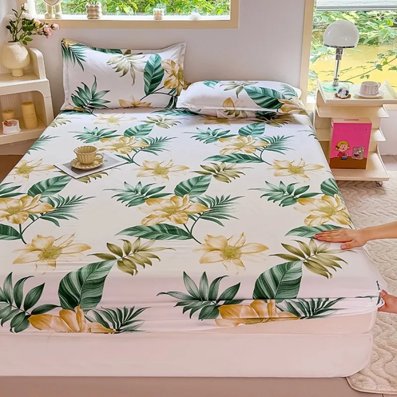 3PC Tropical Floral Fitted Sheet Set, Green Leaf Flower Printed Bedding Set with Pillowcases - Image 5