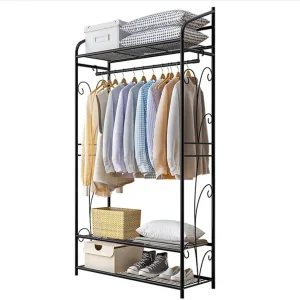 Freestanding Garment Rack Metal Bedroom Storage Clothes Rail Show Stand with Shelves