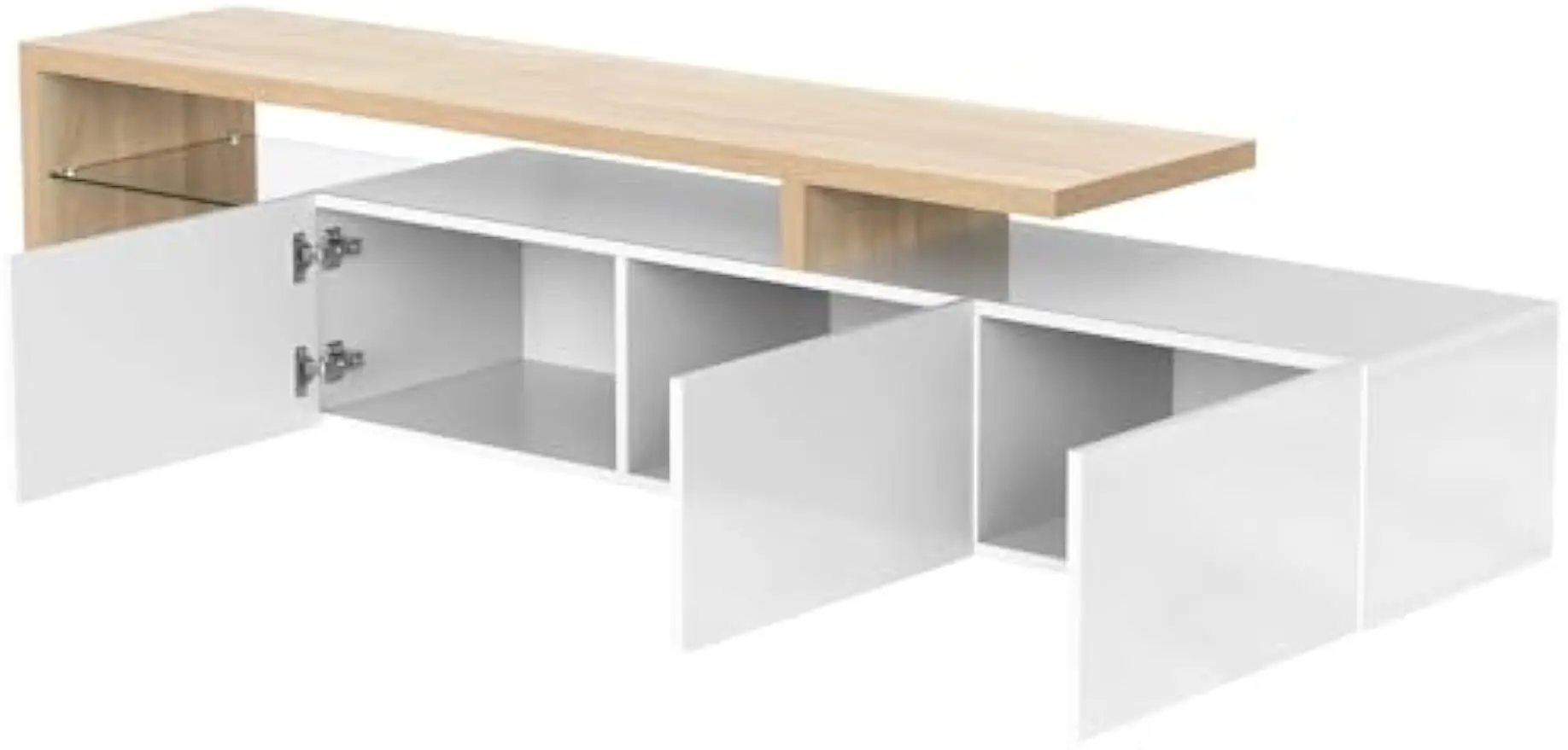 Modern TV Cabinet Design Stylish and Elegant Practical Storage High-gloss Wooden Look Glass Shelves LED Lighting (White) - Image 5