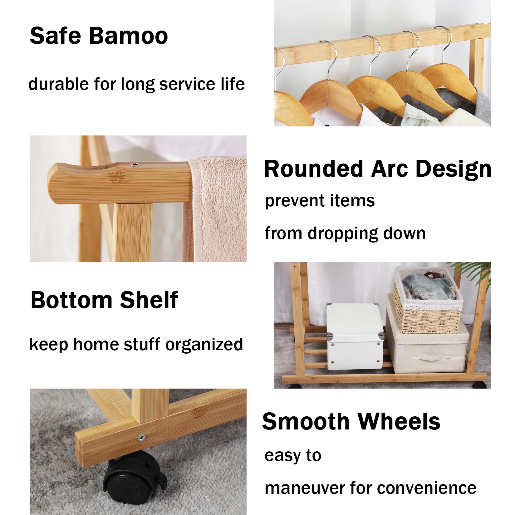 Clothes Rail Rack Bamboo Double Hanging Clothes Organizer on Wheels Free Standing Garment Rack with Storage Shelves Coat Rack - Image 3