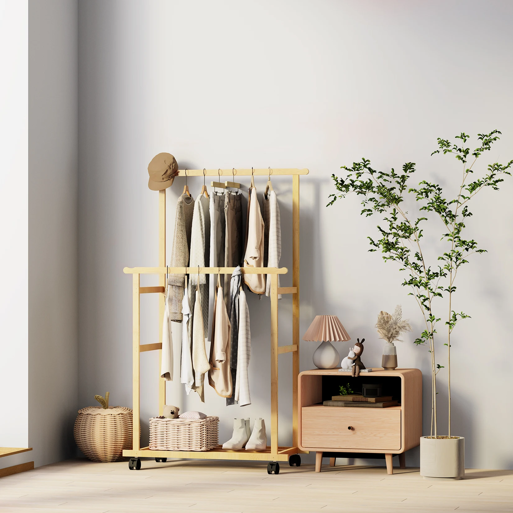 Clothes Rail Rack Bamboo Double Hanging Clothes Organizer on Wheels Free Standing Garment Rack with Storage Shelves Coat Rack - Image 6