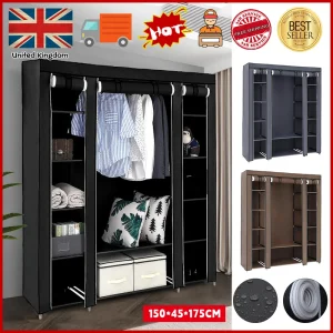 LARGE FABRIC CANVAS WARDROBE WITH HANGING RAIL SHELVING CLOTHES STORAGE CUPBOARD