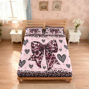 3pcs Leopard Print Bow Print Coreless Bed Sheet Set, Multi Size Bed Cover, Bedroom Bedding Decoration, Machine Washable