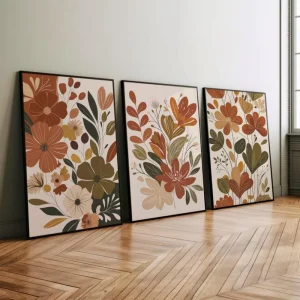 3 Frameless Canvas Paintings,Bohemian Wildflower Printing,Rustic Abstract Floral Wall Decor,Digital Download,Living Room Decor