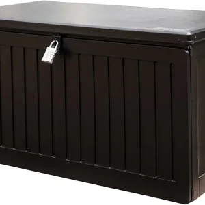 270L Outdoor Storage Box with Padlock – Durable Sit-On Garden Chest, Weatherproof Plastic Shed Seat, Lockable Wood Effect