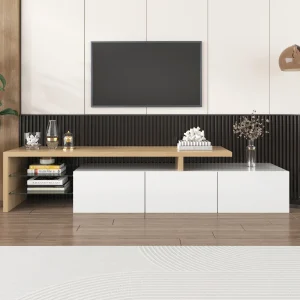 PINGGO Modern TV Cabinet Design: Stylish And Elegant Practical Storage High-Gloss White Wooden Look Glass Shelves LED Lighting