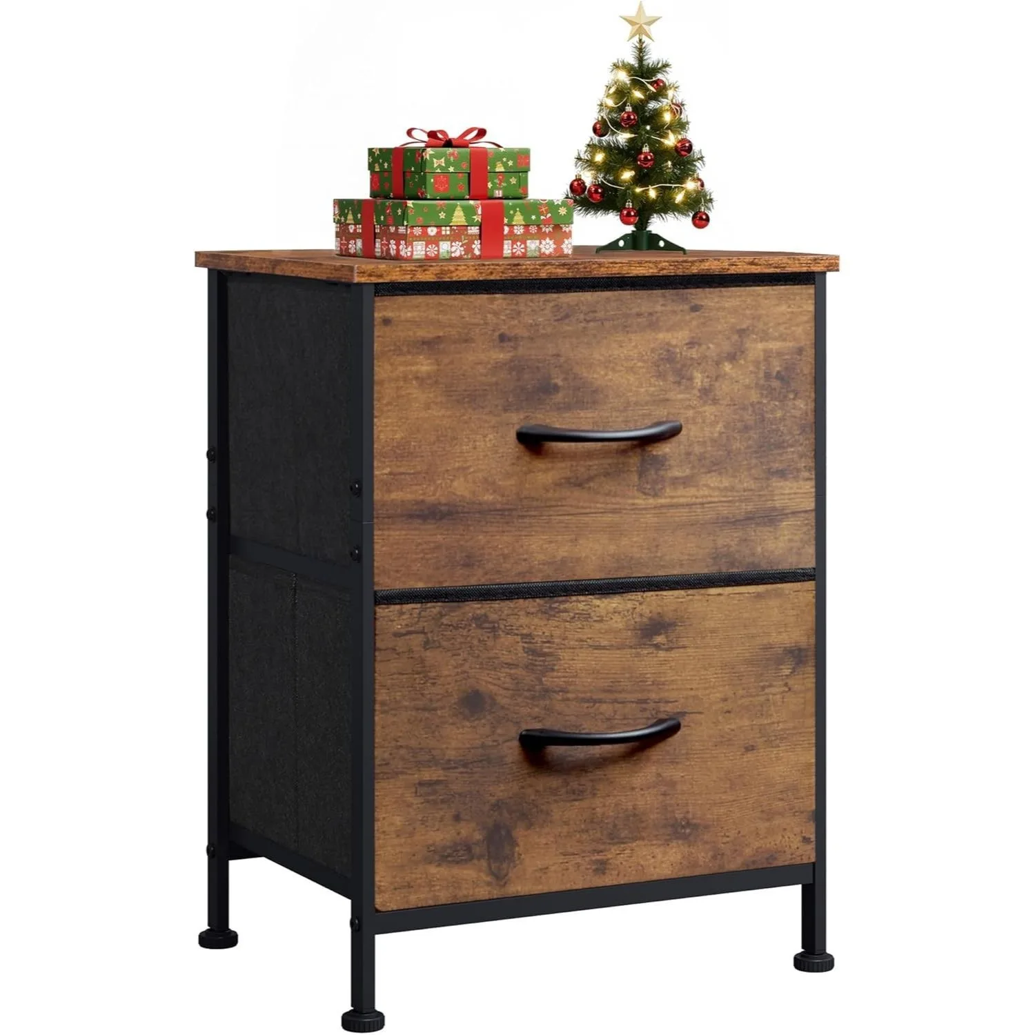 Nightstand with 2 Drawers & Fabric Bins, Rustic Brown Bedside Table for Bedroom, Dorm, Entryway.