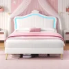 PINGGO 4ft6 Double Upholstered Bed with LED Adjustable Crown Shape Headboard PU Leather Bed Frame Solid Wood Slat (No Mattress)