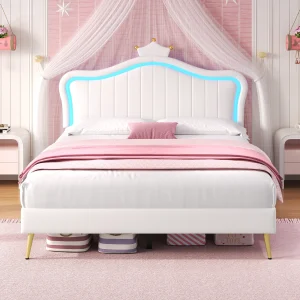 PINGGO 4ft6 Double Upholstered Bed with LED Adjustable Crown Shape Headboard PU Leather Bed Frame Solid Wood Slat (No Mattress)